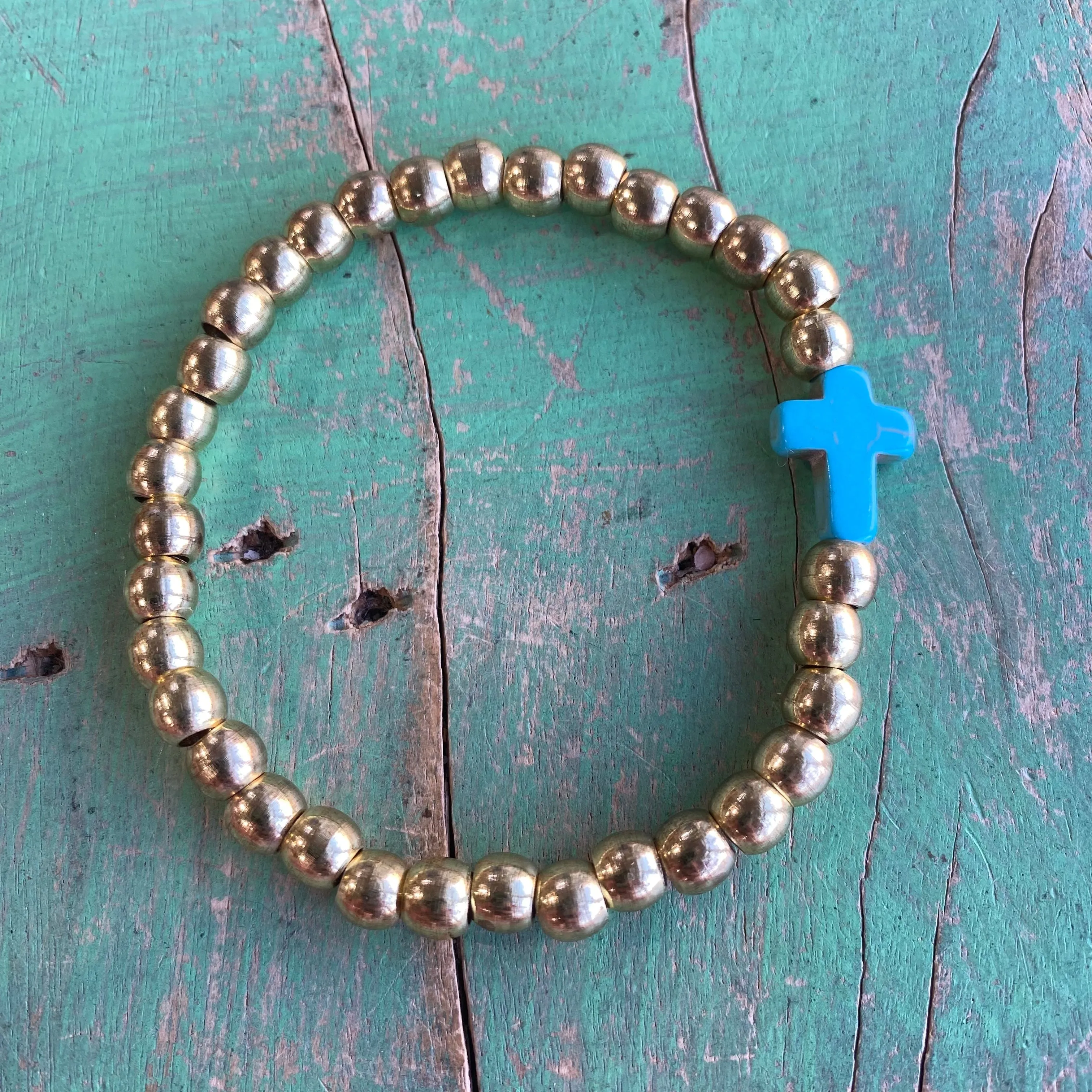 Stainless Steel Ball Bead Turquoise Cross Bracelet