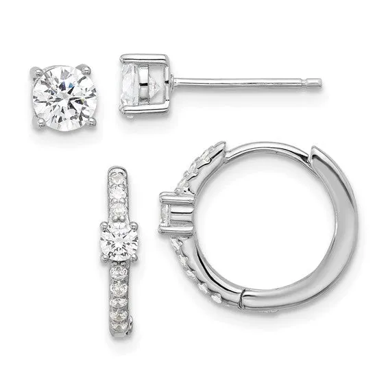 Sterling Silver 5mm CZ Studs and Hinged Hoop Earrings Set