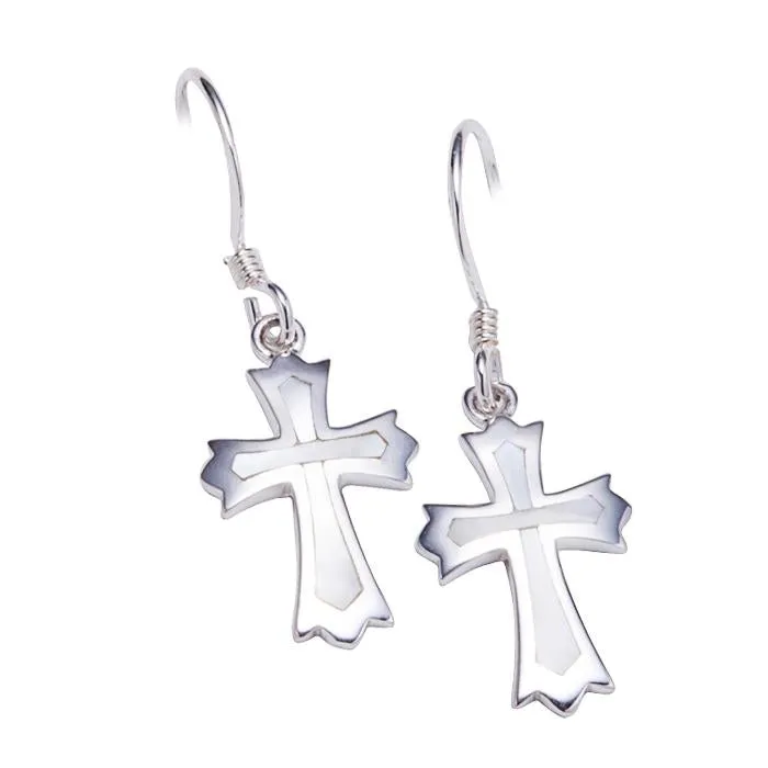 Sterling Silver Cross with Mother-of-Pearl Inlay Hook Earrings