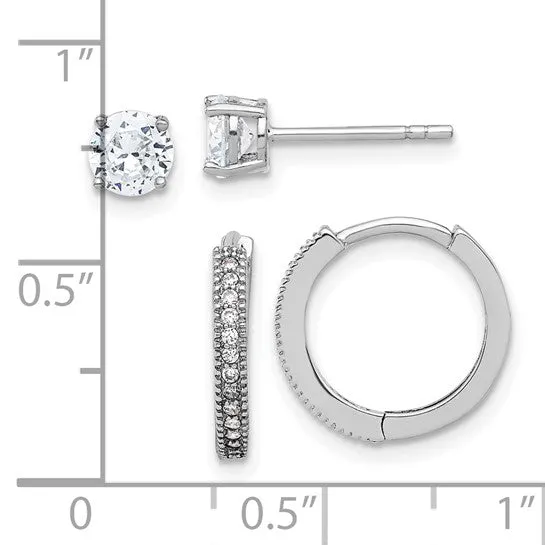 Sterling Silver CZ 2mm Hoop and 5mm Stud Post Earrings Set