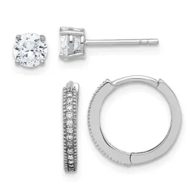 Sterling Silver CZ 2mm Hoop and 5mm Stud Post Earrings Set