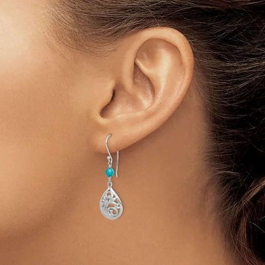 Sterling Silver Filigree CZ and Turquoise Teardrop Dangle Earrings