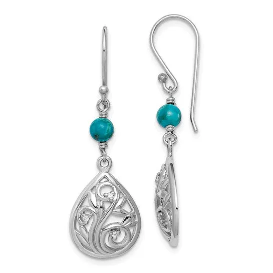 Sterling Silver Filigree CZ and Turquoise Teardrop Dangle Earrings