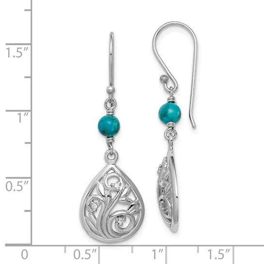 Sterling Silver Filigree CZ and Turquoise Teardrop Dangle Earrings