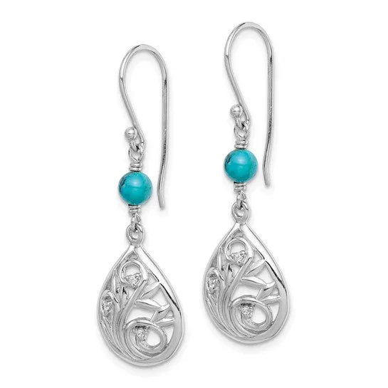 Sterling Silver Filigree CZ and Turquoise Teardrop Dangle Earrings