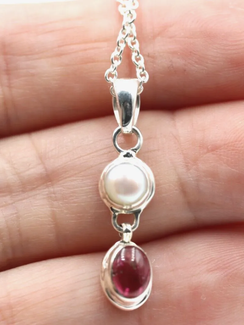 Sterling Silver Freshwater Pearl & Tourmaline Pendant Belcher Chain