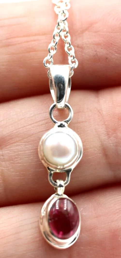 Sterling Silver Freshwater Pearl & Tourmaline Pendant Belcher Chain