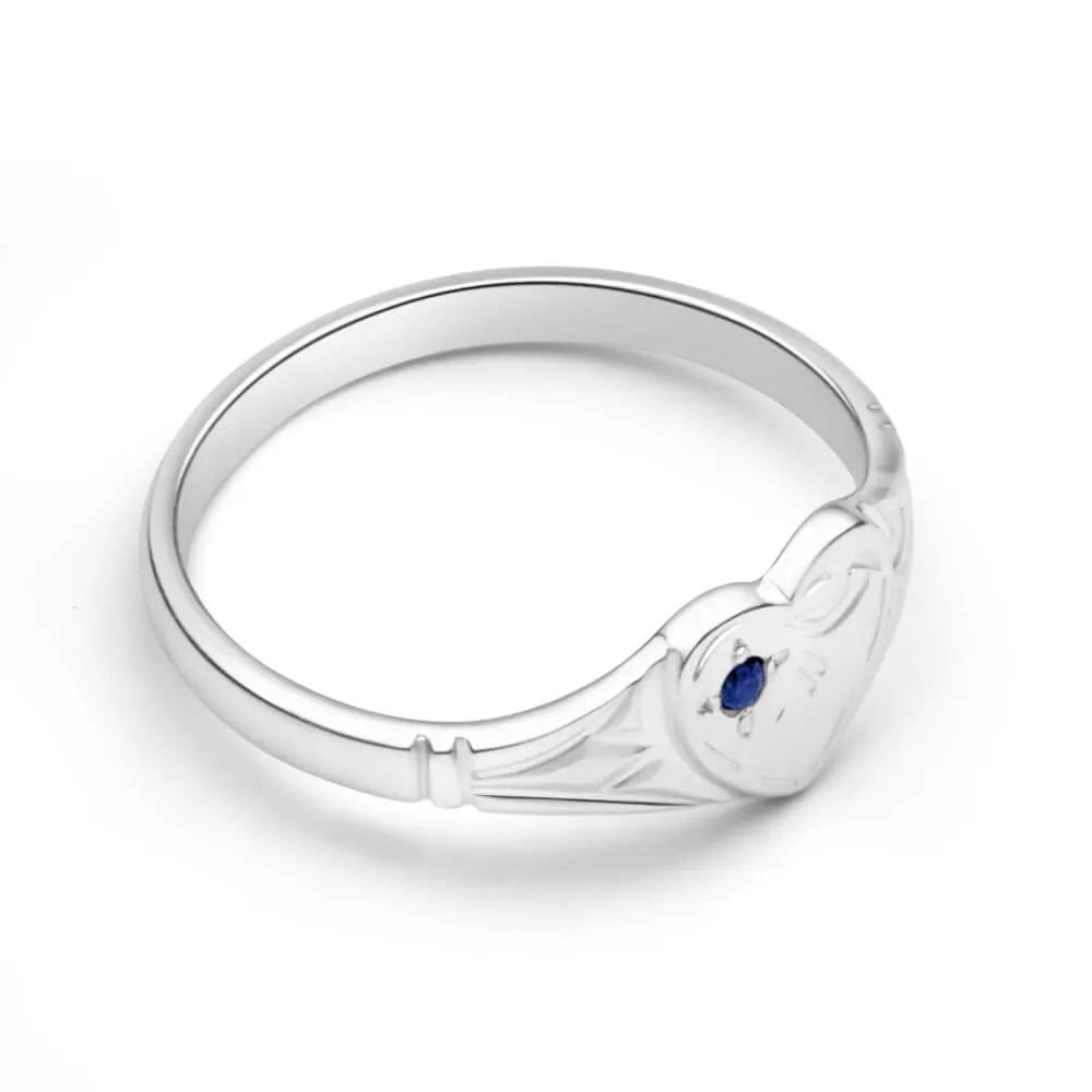 Sterling Silver Natural Sapphire Heart Signet Ring Size L