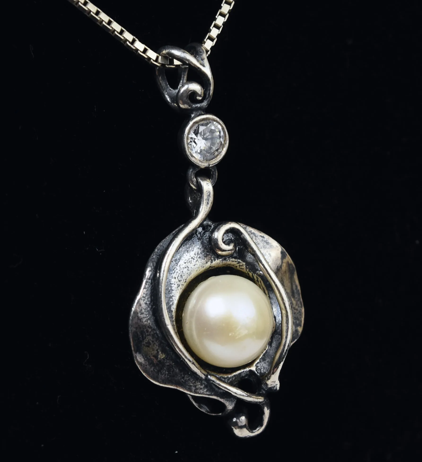 Sterling Silver Pearl and Cubic Zirconia Pendant on Sterling Silver Box Link Chain - 24"