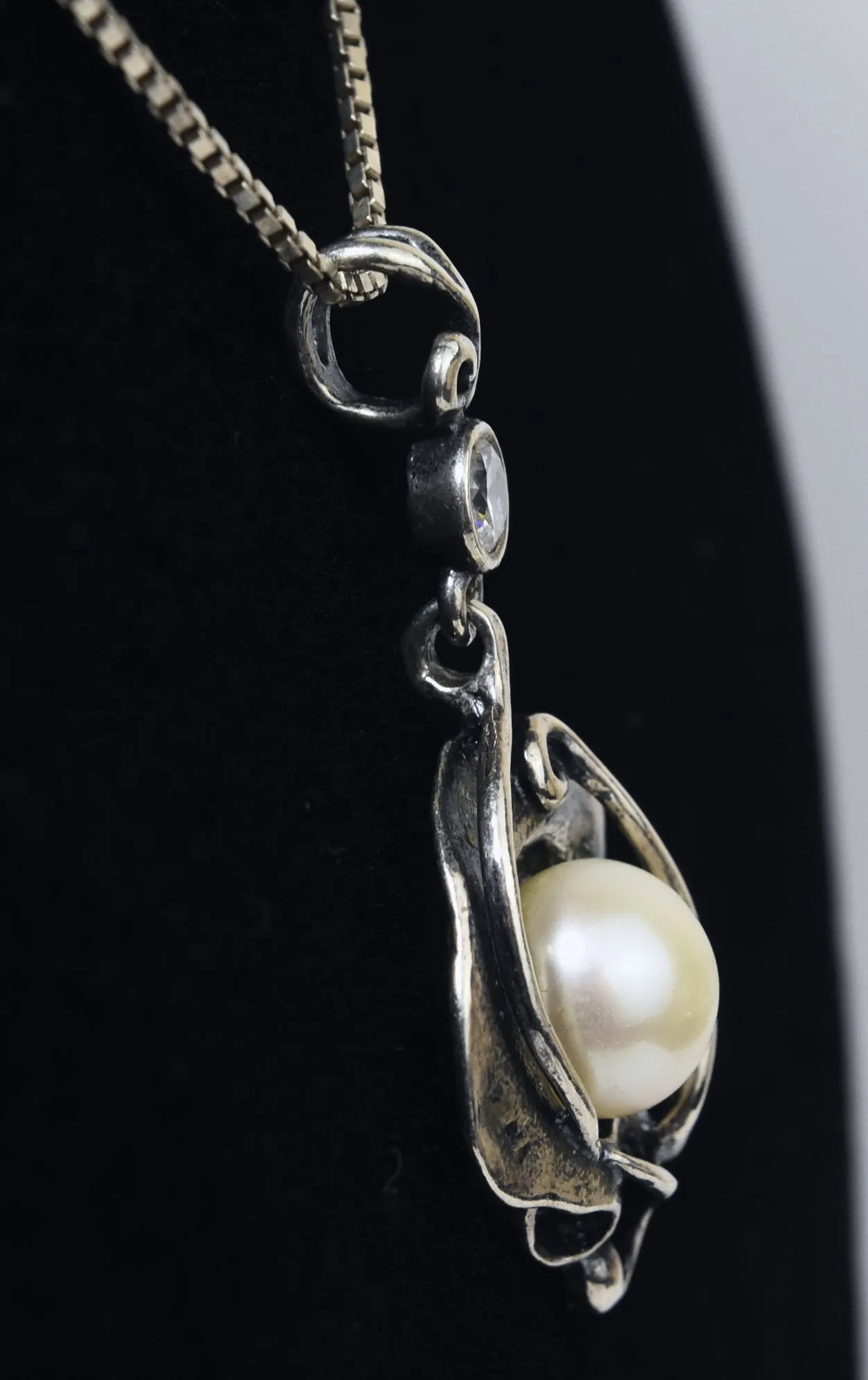 Sterling Silver Pearl and Cubic Zirconia Pendant on Sterling Silver Box Link Chain - 24"