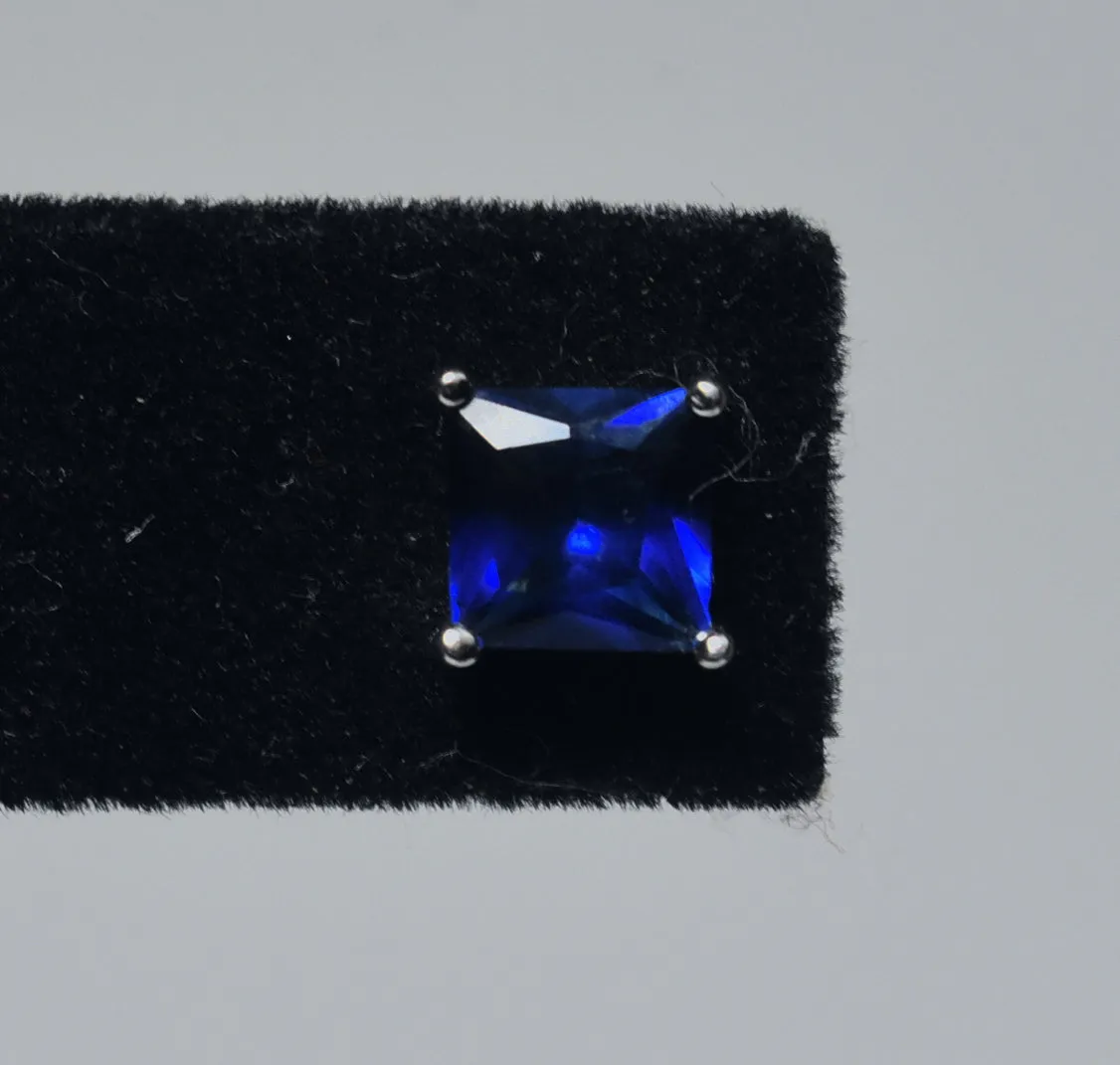 Sterling Silver Square Cut Simulated Blue Sapphire Stud Earrings