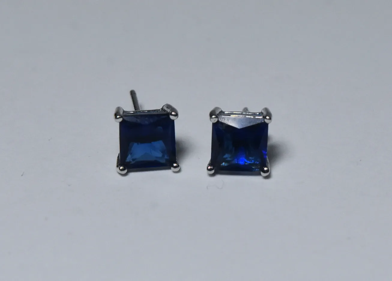 Sterling Silver Square Cut Simulated Blue Sapphire Stud Earrings