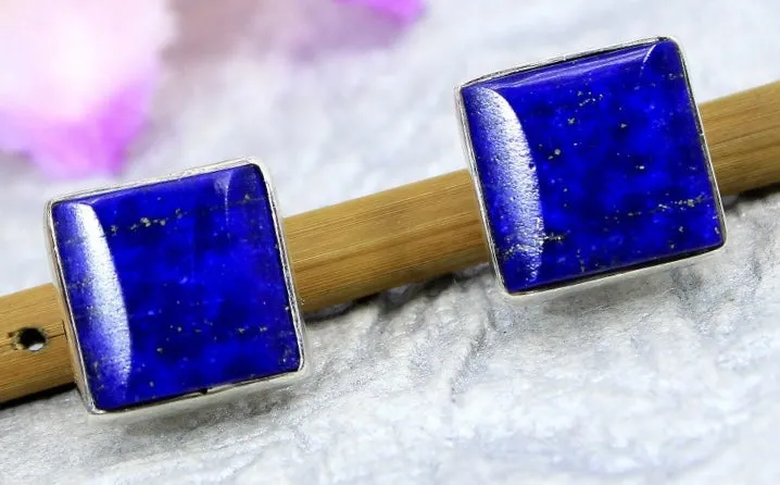 Sterling Silver Square Lapis Lazuli Gemstone Studs