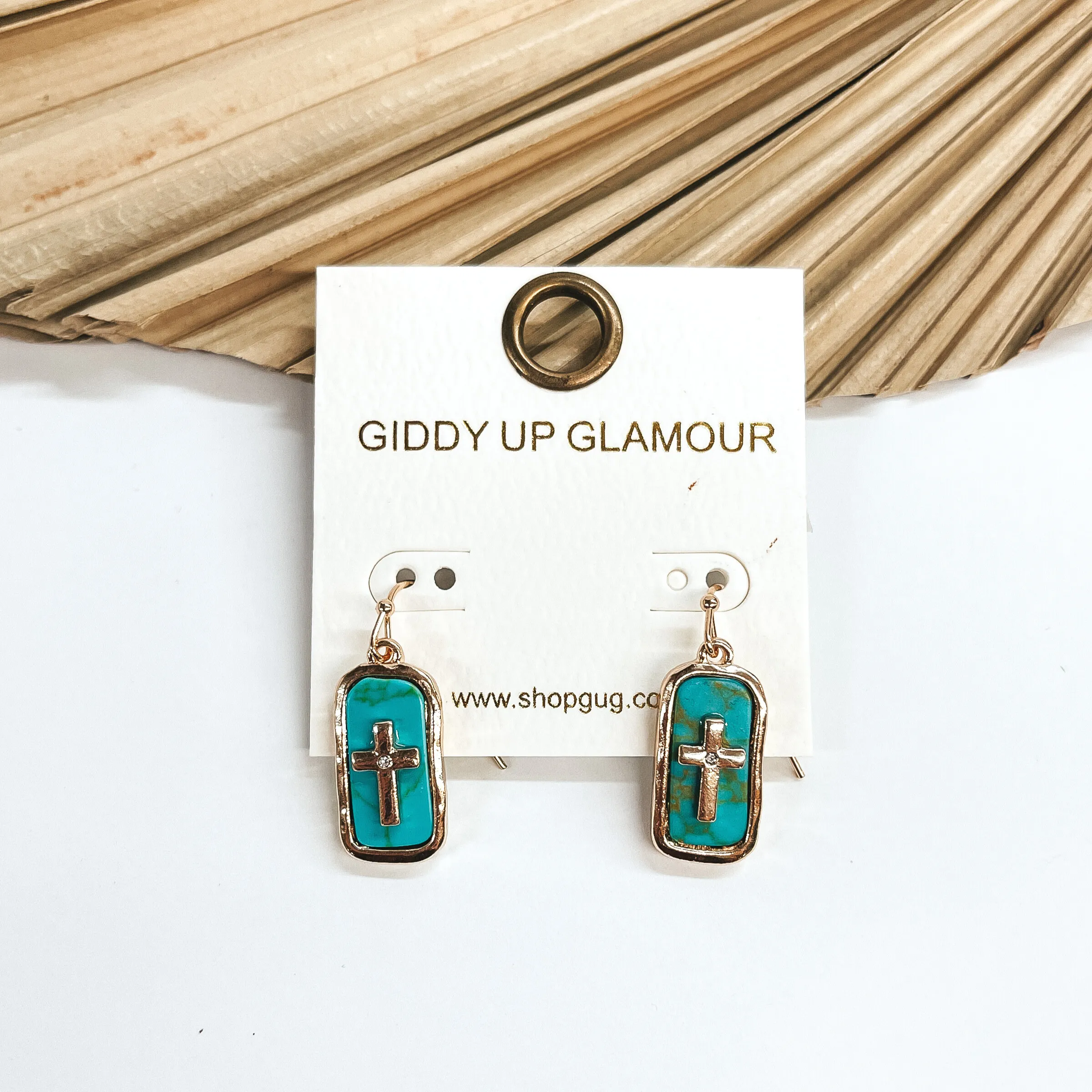 Sunday Soul Rectangular Pendant Earrings with Gold Tone Cross and Semi-Precious Stone in Turquoise