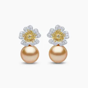 Sunrise 18k Gold South Sea Pearl Diamond Floral Clover Hoop Earrings