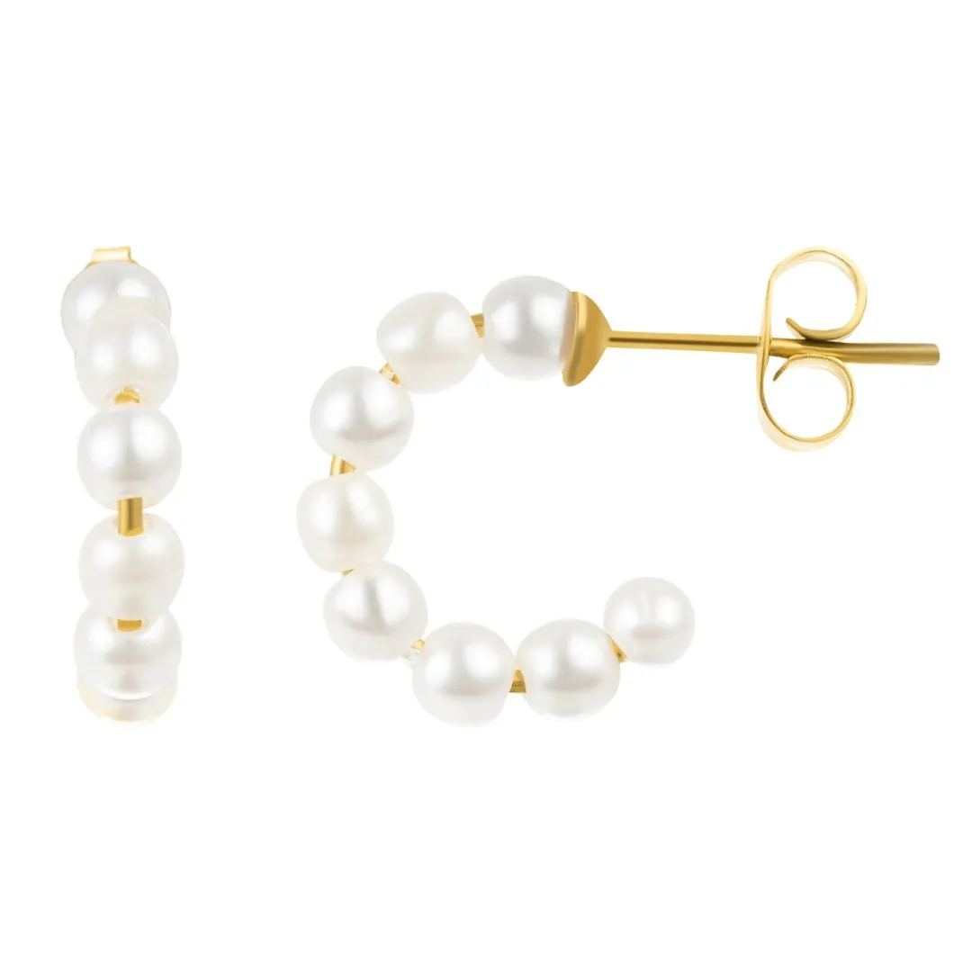 Tarnish Resistant 14k Gold Plated Pearl Huggie Hoops