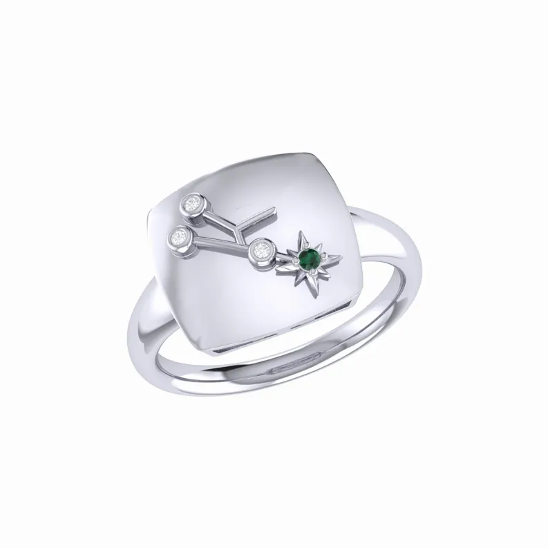 Taurus Bull Emerald & Diamond Constellation Signet Ring in Sterling Silver