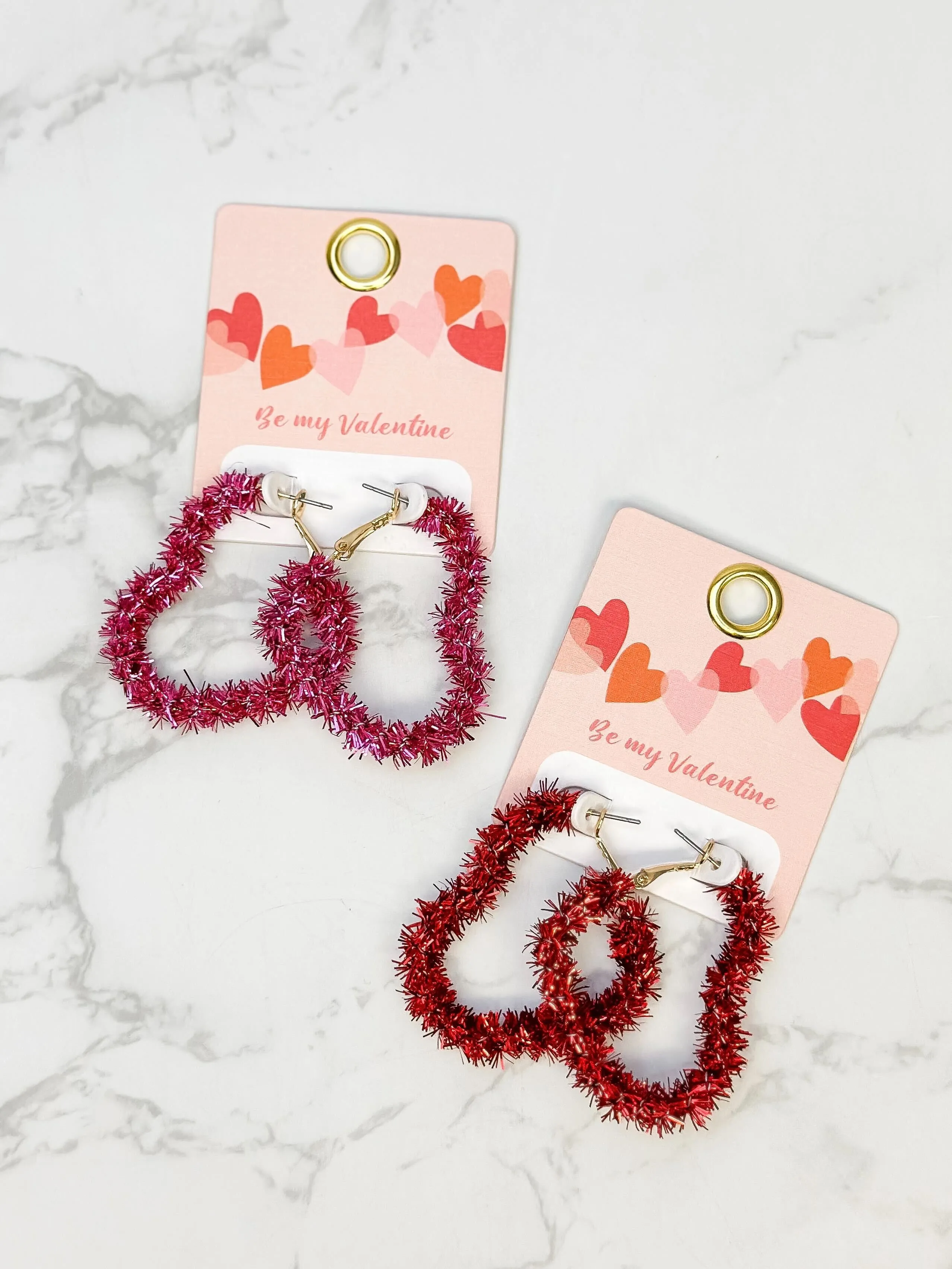 Tinsel Heart Hoop Earrings - Red