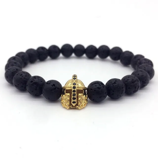 Trendy Lava Stone Pave CZ Imperial Crown And Helmet Charm Bracelets