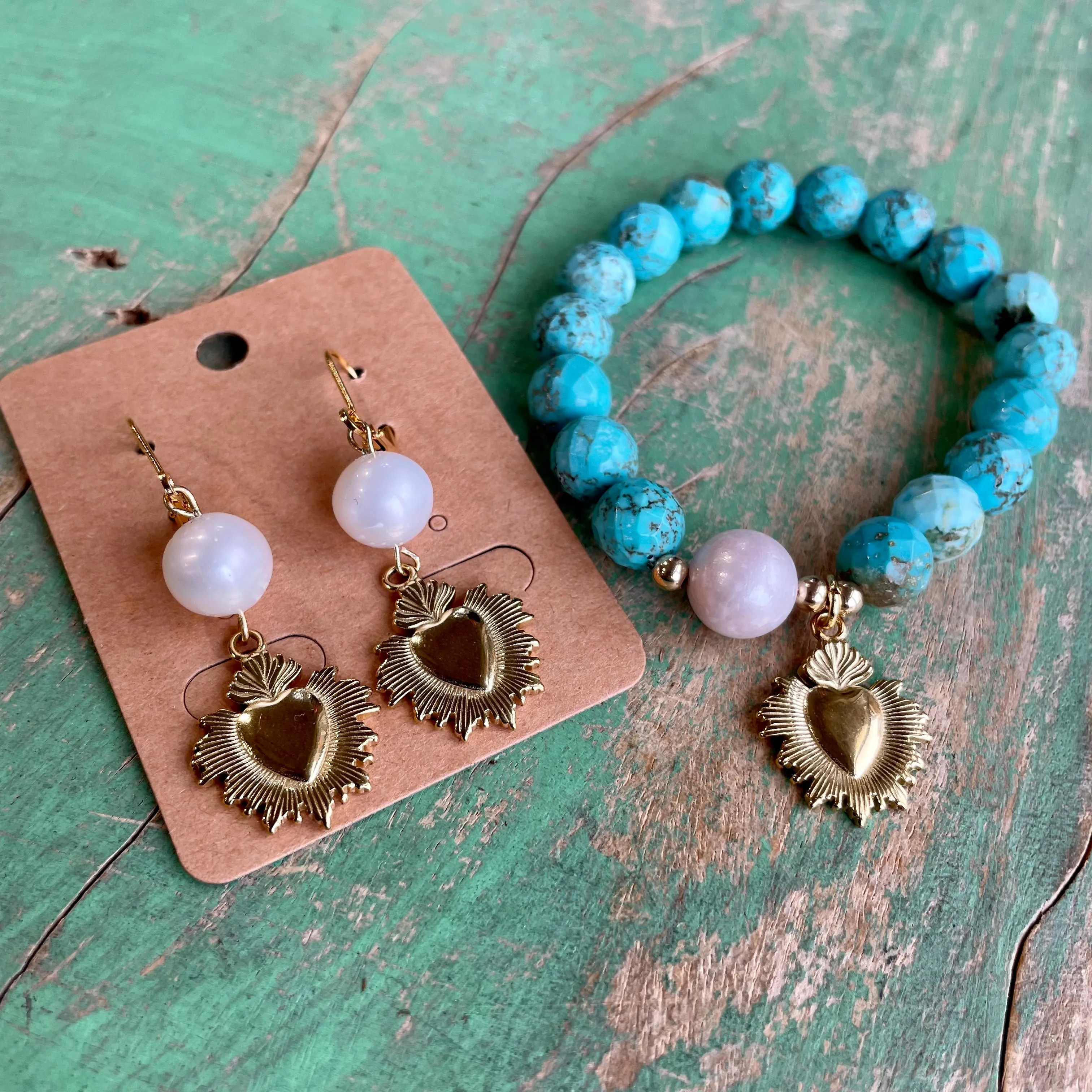 Turquoise and Pearl Sacred Heart Bracelet or Earrings