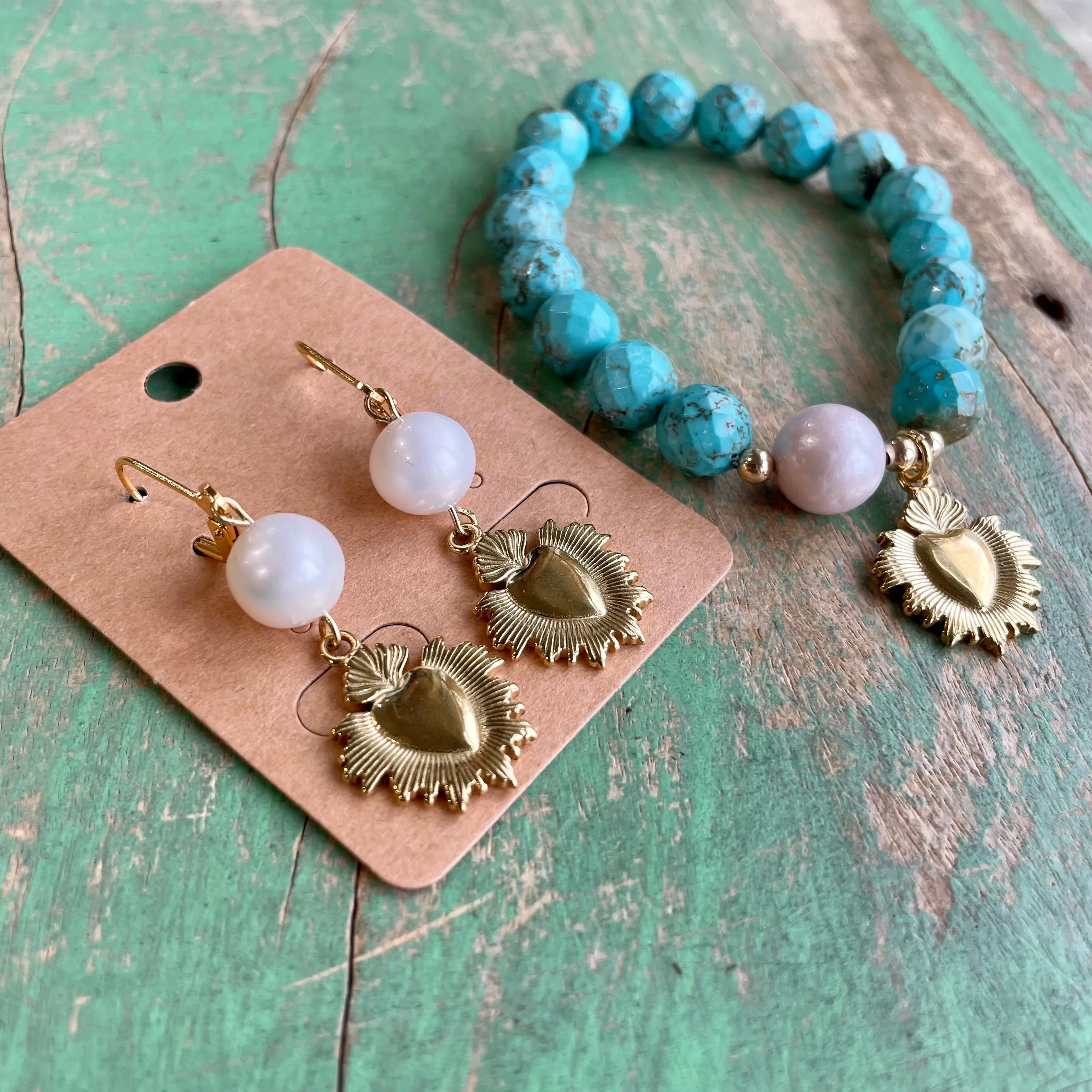 Turquoise and Pearl Sacred Heart Bracelet or Earrings