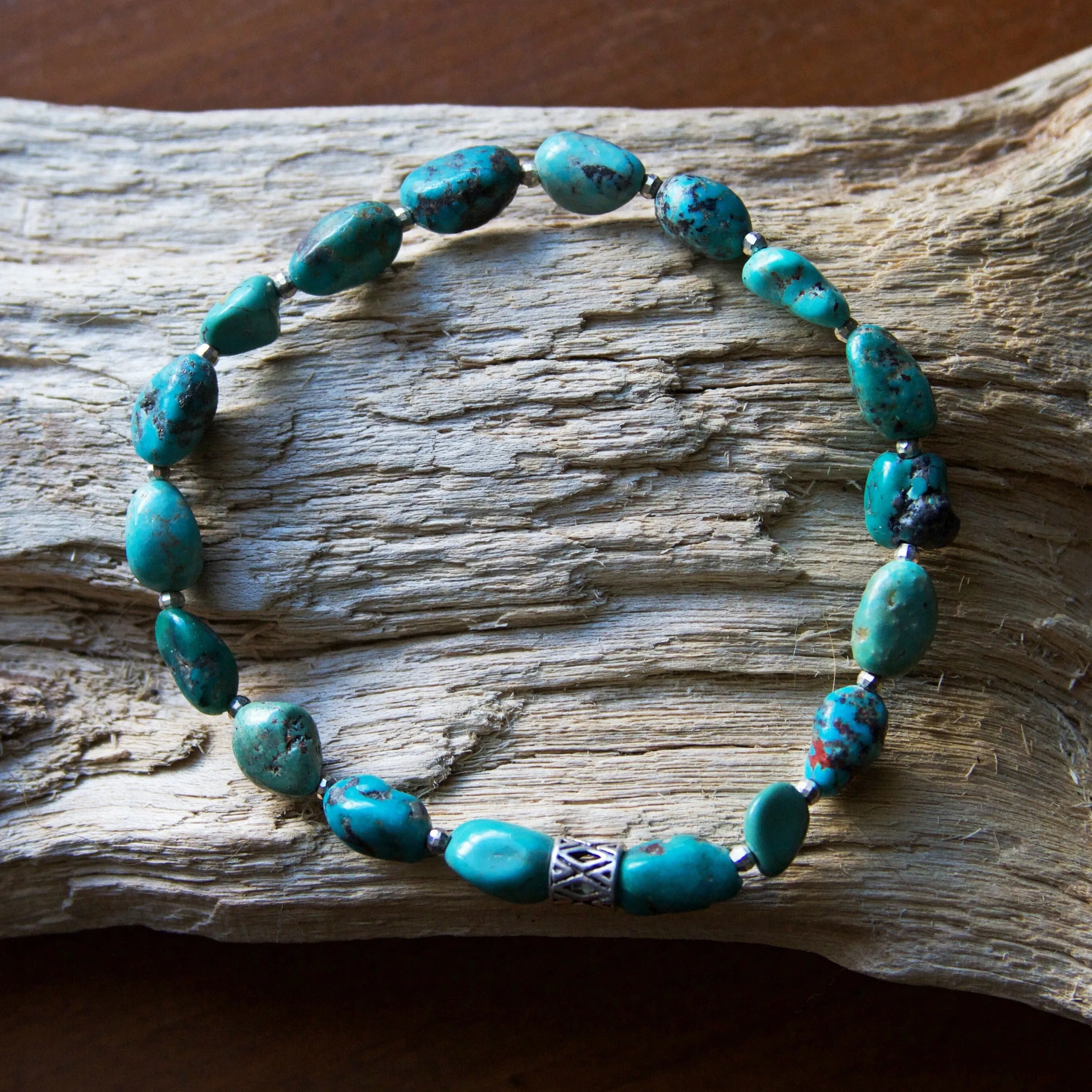 Turquoise and Sterling Silver Beaded Stretch Bracelet