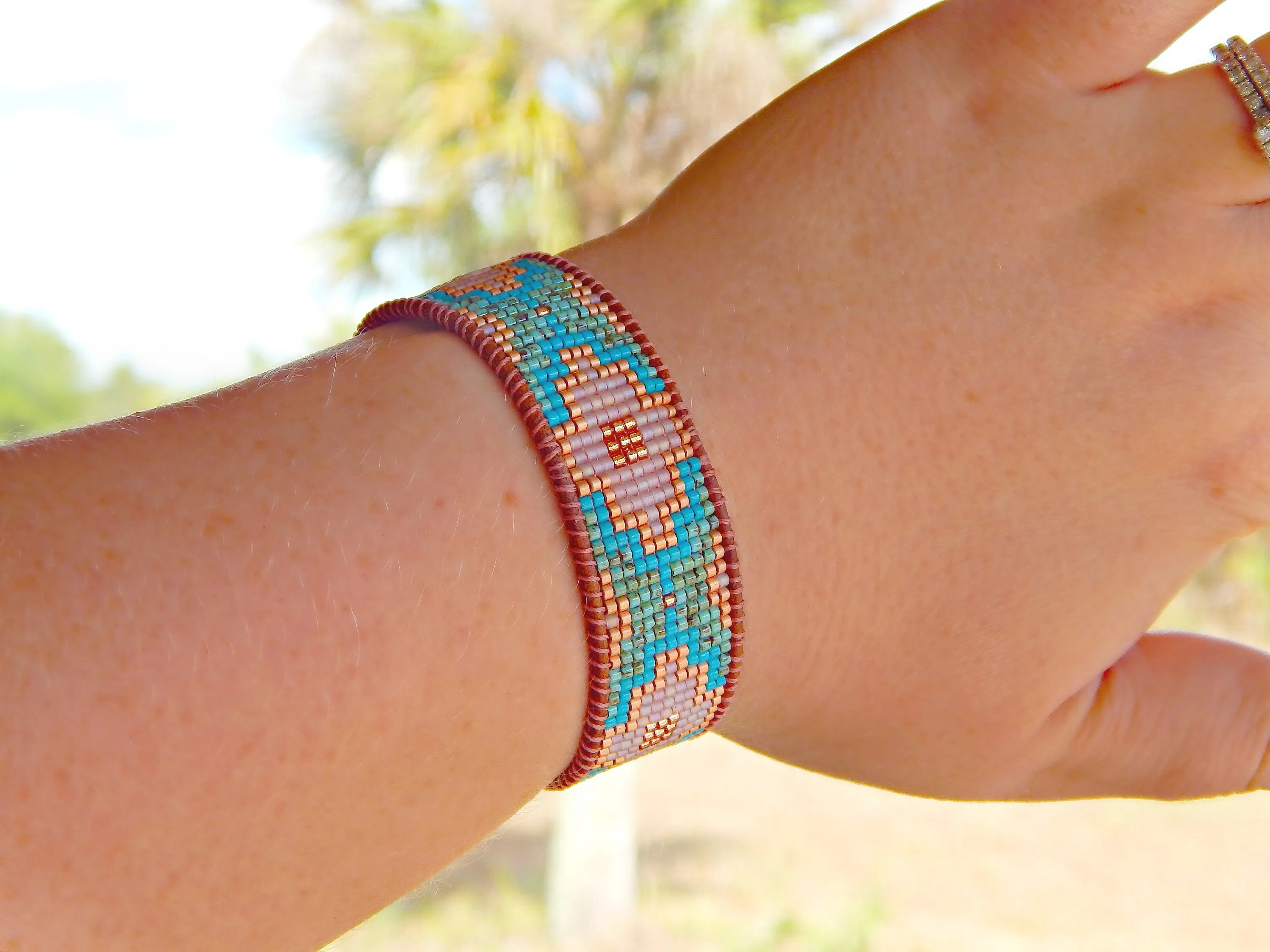 Turquoise, Blush, and Rose Gold Southwestern Style Bead Loom Woven Bracelet