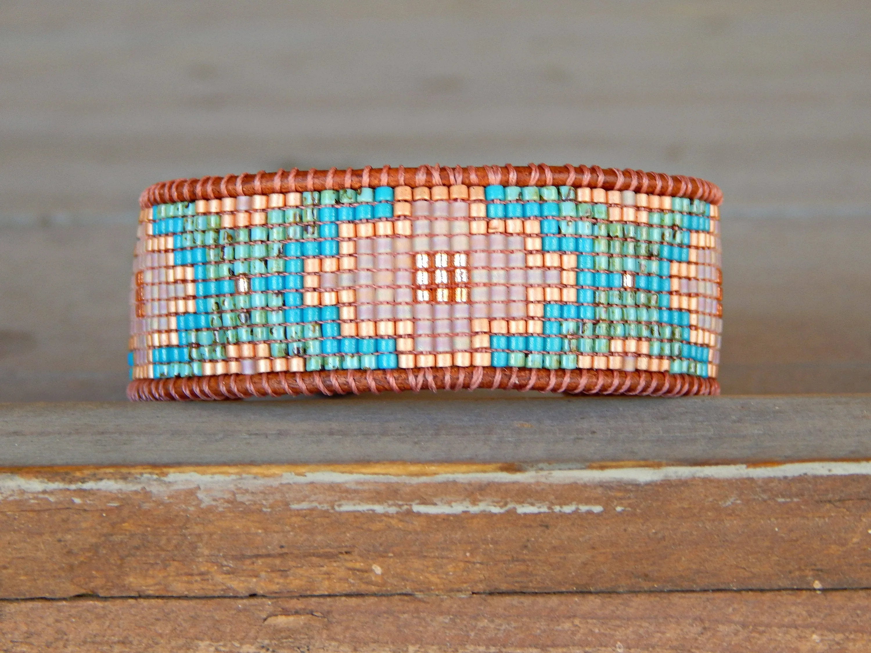 Turquoise, Blush, and Rose Gold Southwestern Style Bead Loom Woven Bracelet