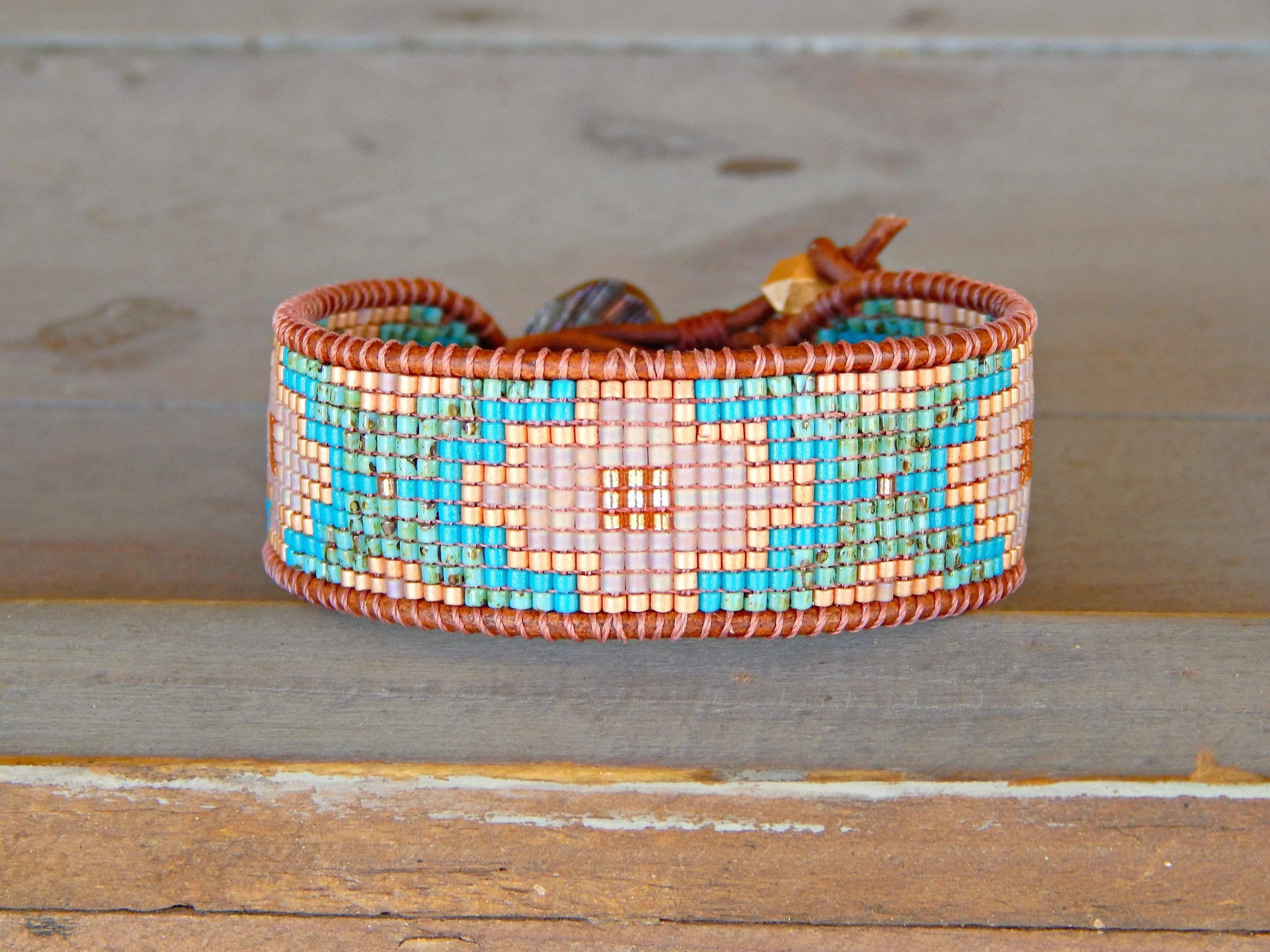 Turquoise, Blush, and Rose Gold Southwestern Style Bead Loom Woven Bracelet