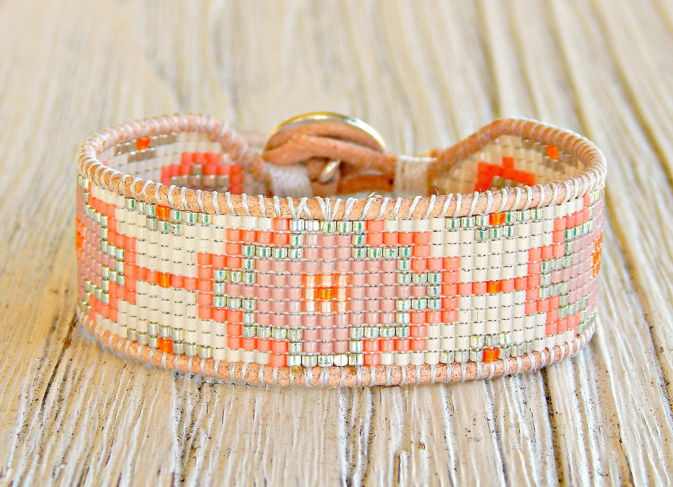 Turquoise, Blush, and Rose Gold Southwestern Style Bead Loom Woven Bracelet