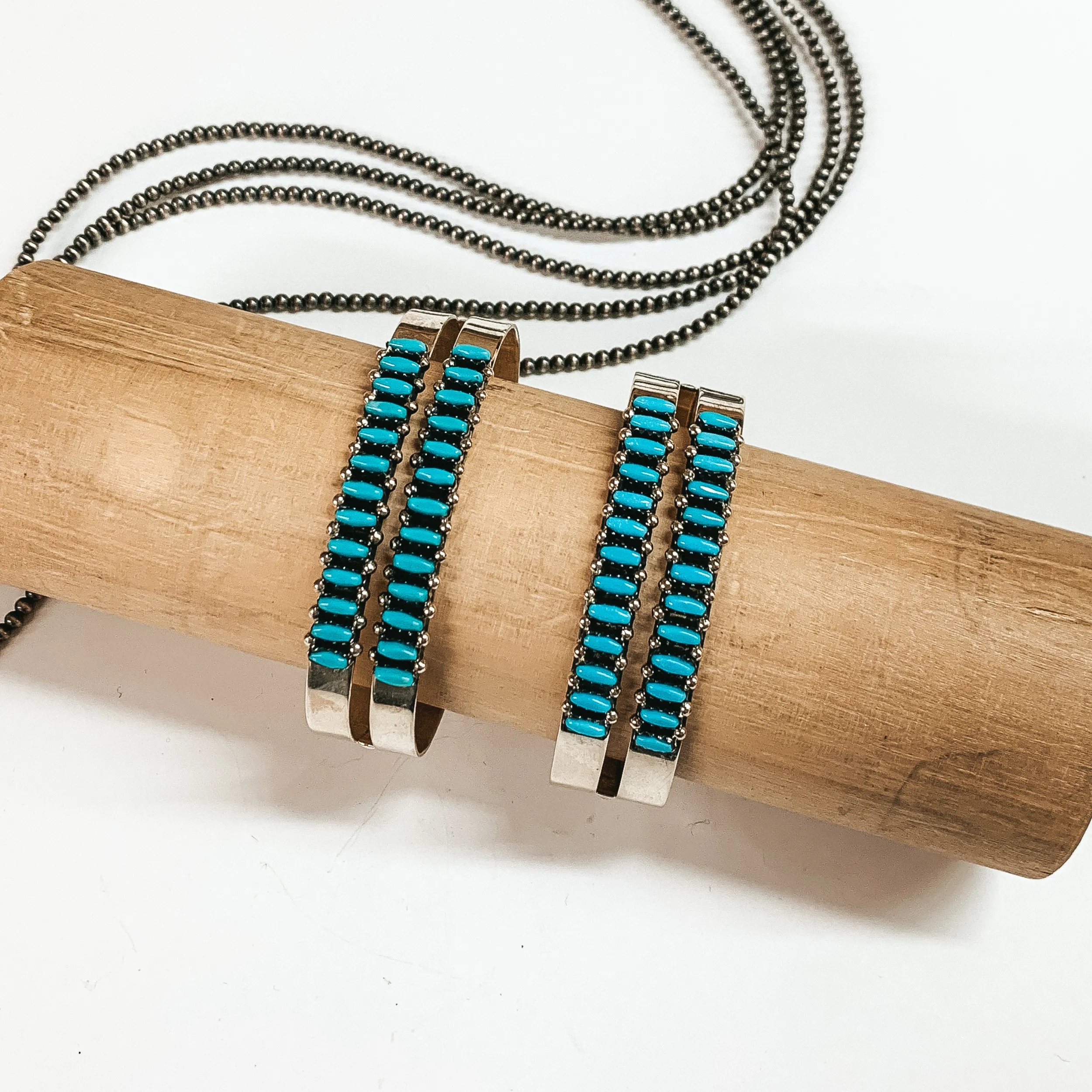 V Martz | Zuni Handmade Sterling Silver Double Cuff with Turquoise Stones