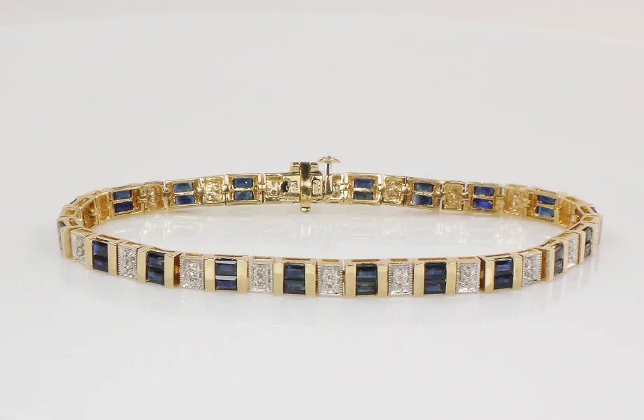 Vintage 14k Two Tone Gold Natural Blue Sapphire and Diamond Bracelet 7 1/4"