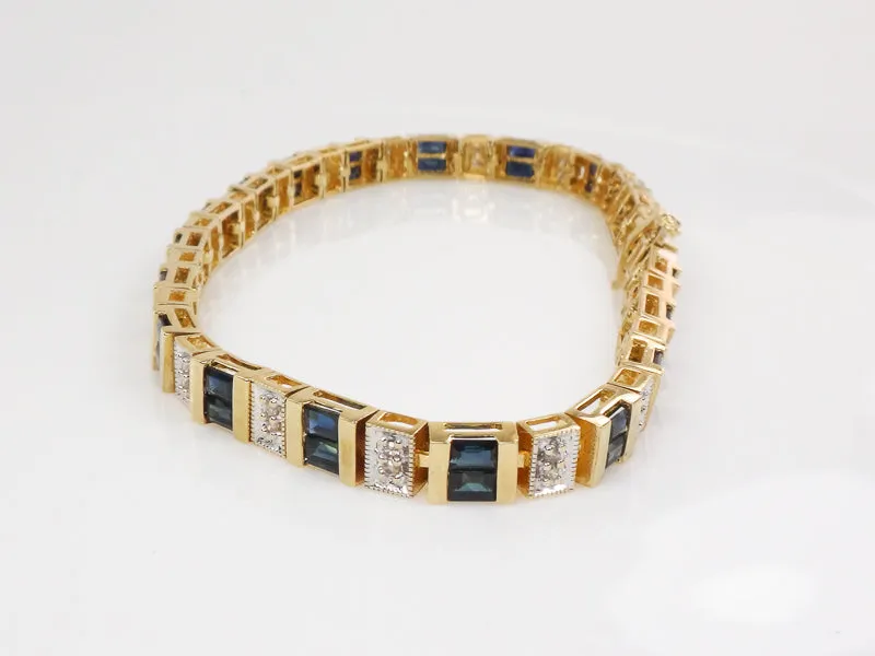 Vintage 14k Two Tone Gold Natural Blue Sapphire and Diamond Bracelet 7 1/4"