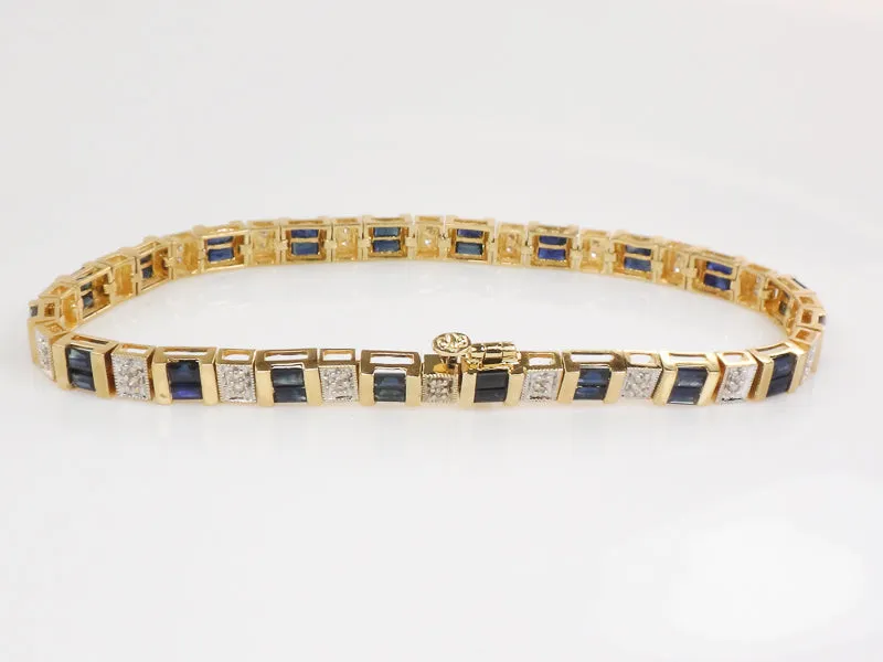 Vintage 14k Two Tone Gold Natural Blue Sapphire and Diamond Bracelet 7 1/4"