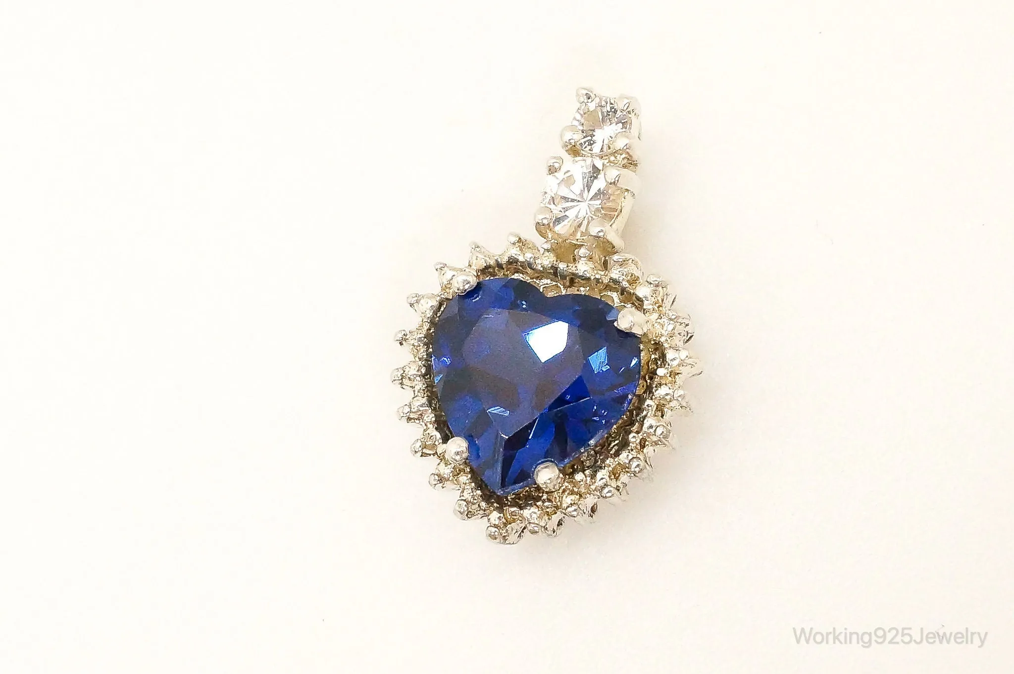 Vintage Blue Lab Sapphire Heart Cubic Zirconia Sterling Silver Pendant