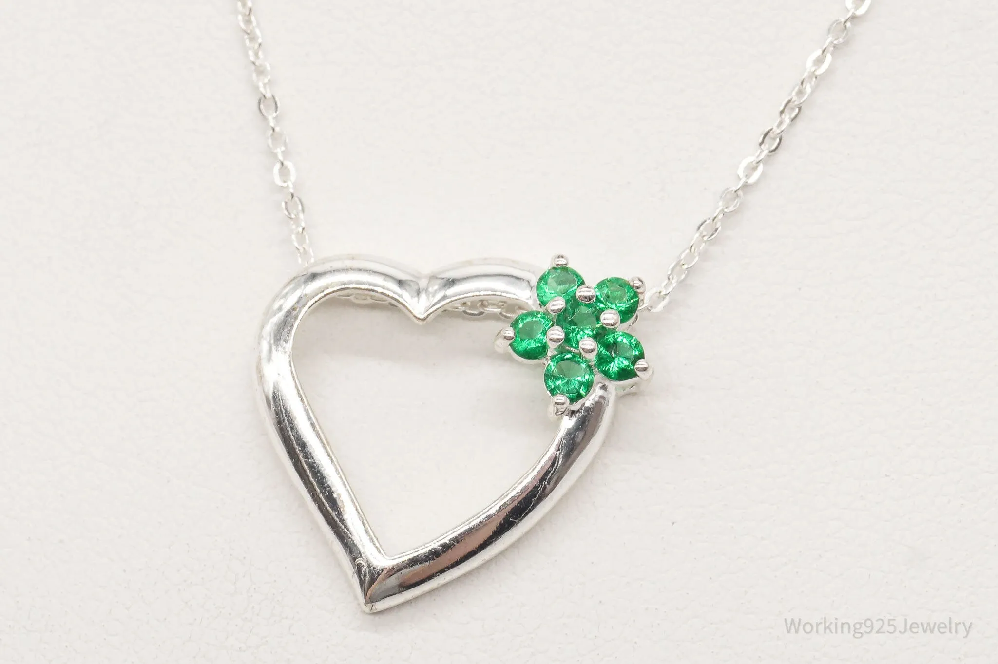 Vintage Designer Avon Green Cubic Zirconia Heart Sterling Silver Necklace