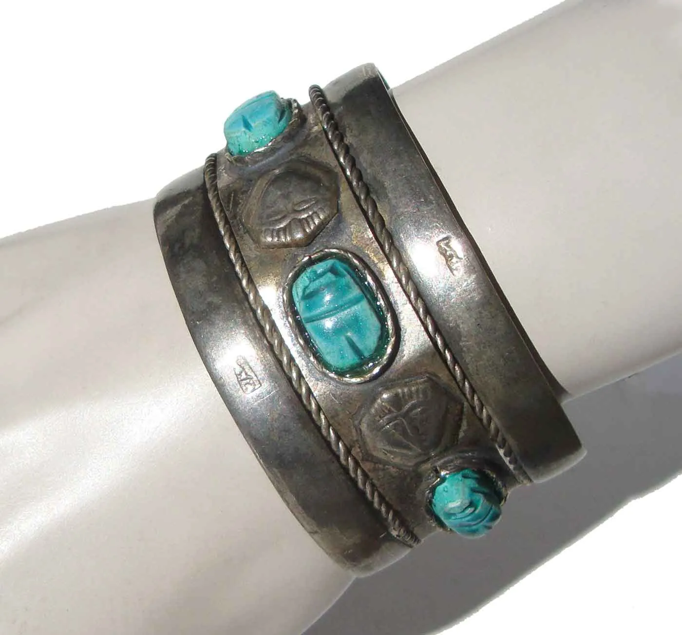 Vintage Egyptian Faience Scarab Pharaoh Cuff Bracelet