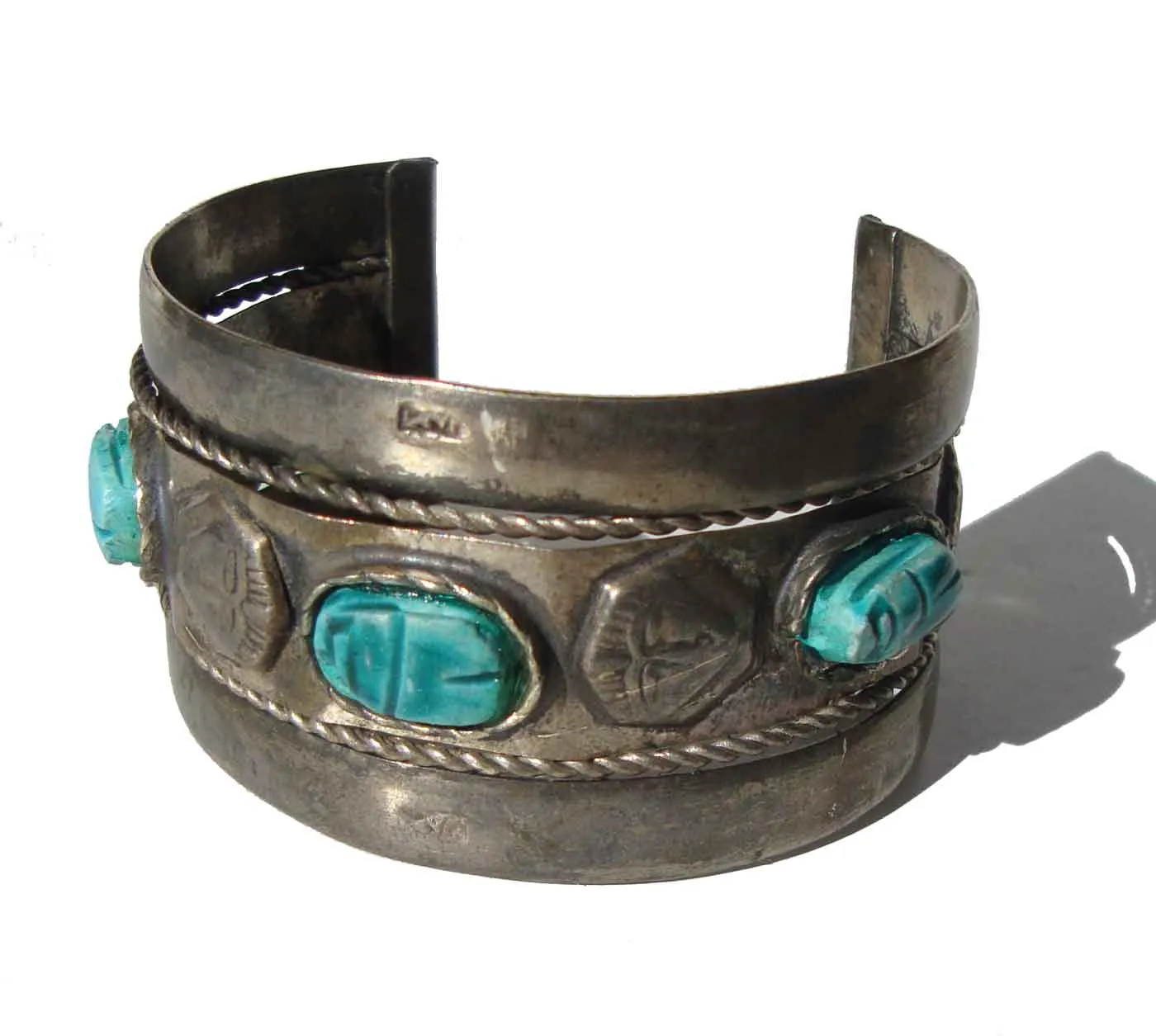 Vintage Egyptian Faience Scarab Pharaoh Cuff Bracelet