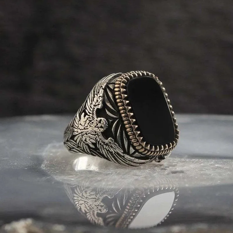 Vintage Fashion Handmade Turkish Signet Rings for Men Ancient Metal Eagle Ring Black Zircon Punk Birthday Jewelry Gift Anillos