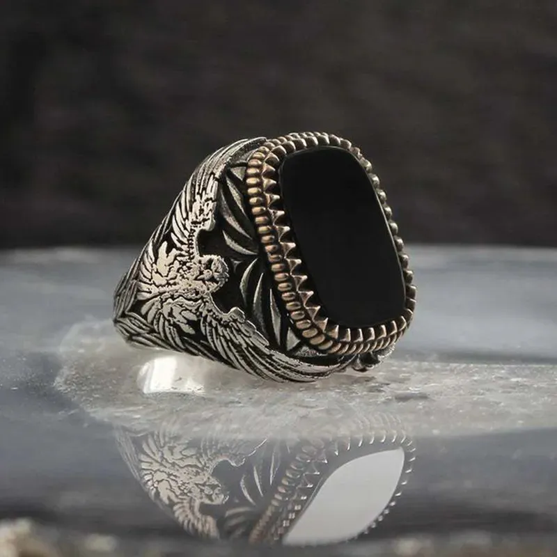 Vintage Fashion Handmade Turkish Signet Rings for Men Ancient Metal Eagle Ring Black Zircon Punk Birthday Jewelry Gift Anillos