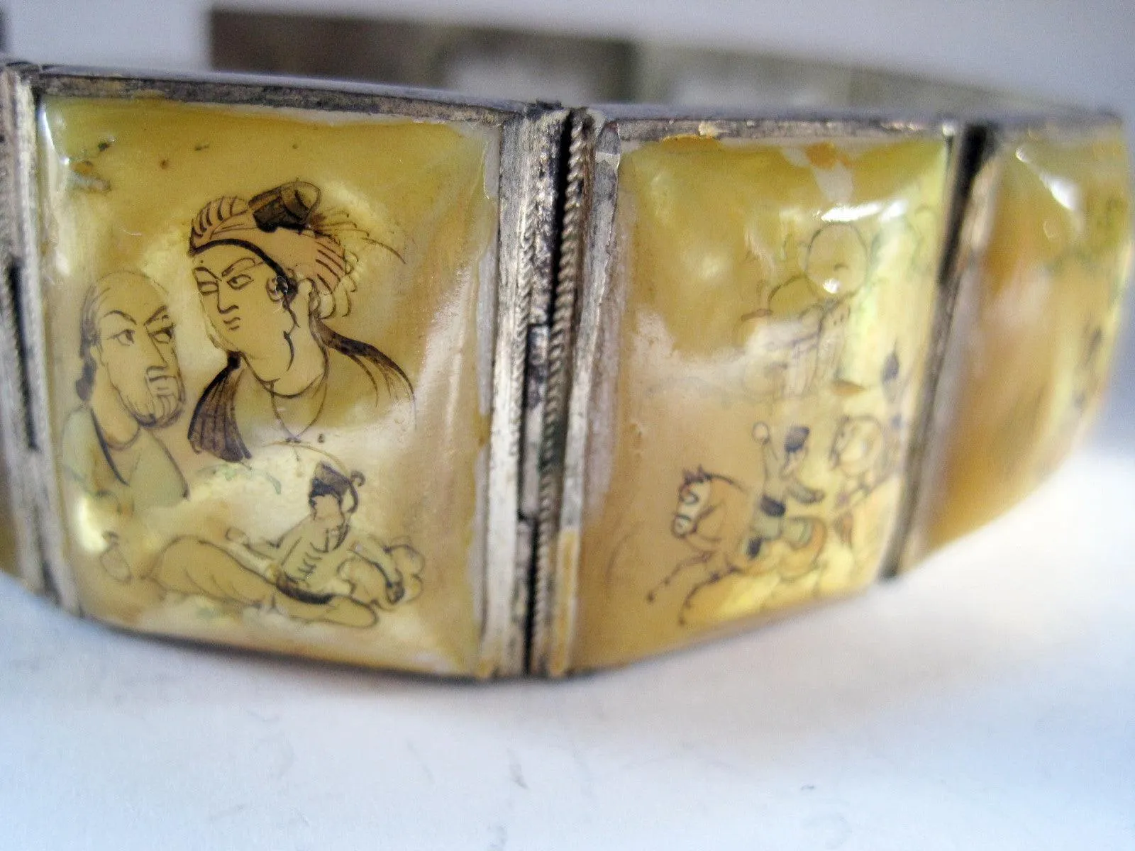 Vintage Middle East Hand Painted Mother of Pearl Story Bracelet