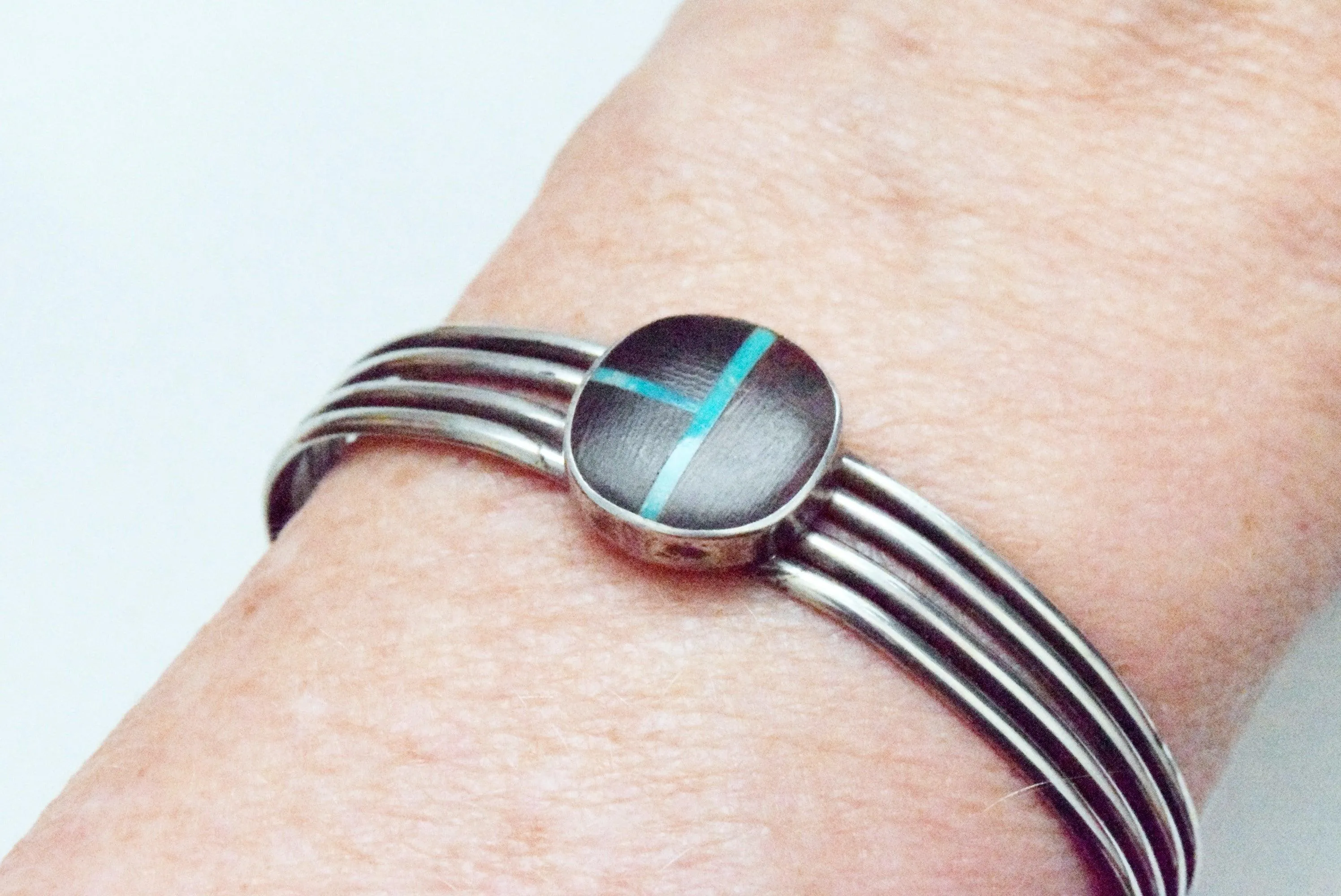 Vintage Native American Bracelet and Ring Set with Ironwood and Turquoise Inlay