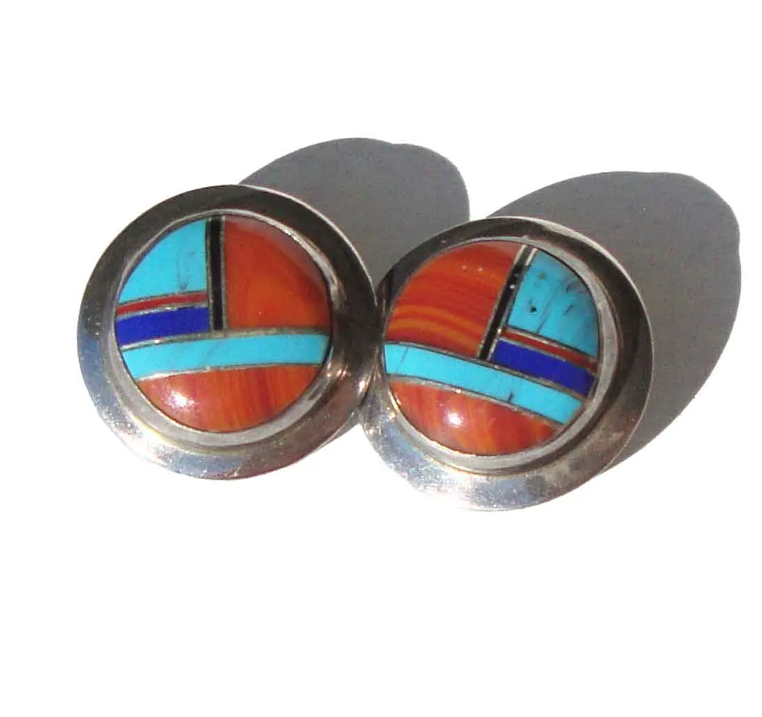 Vintage Zuni Earrings Sterling Turquoise Spondylus Mosaic Clip Backs