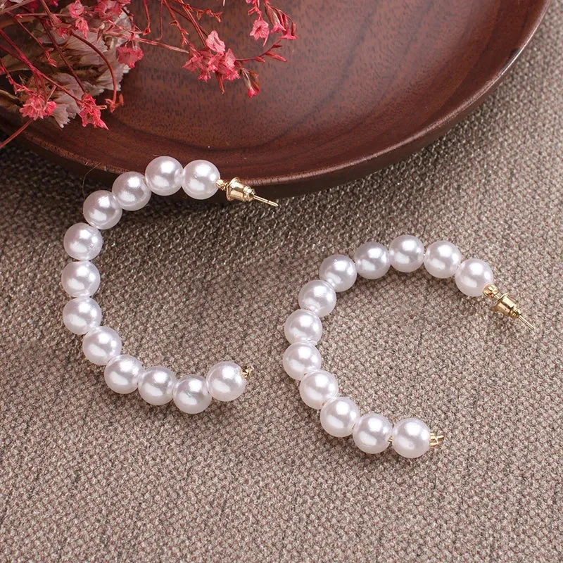 White Boho Imitation Pearl Round Circle Hoop Gold Statement Earring