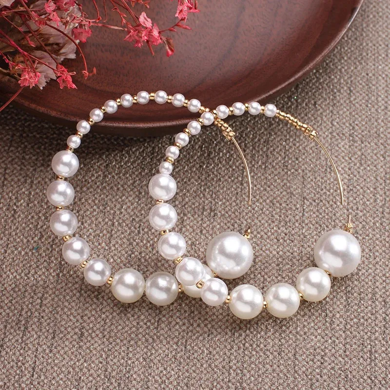 White Boho Imitation Pearl Round Circle Hoop Gold Statement Earring