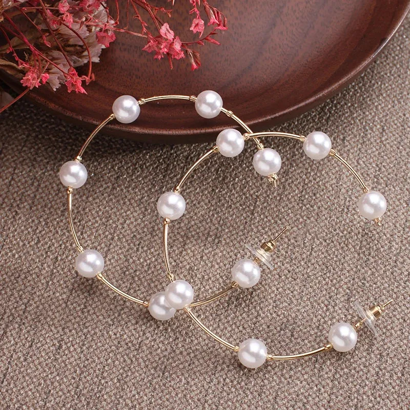 White Boho Imitation Pearl Round Circle Hoop Gold Statement Earring