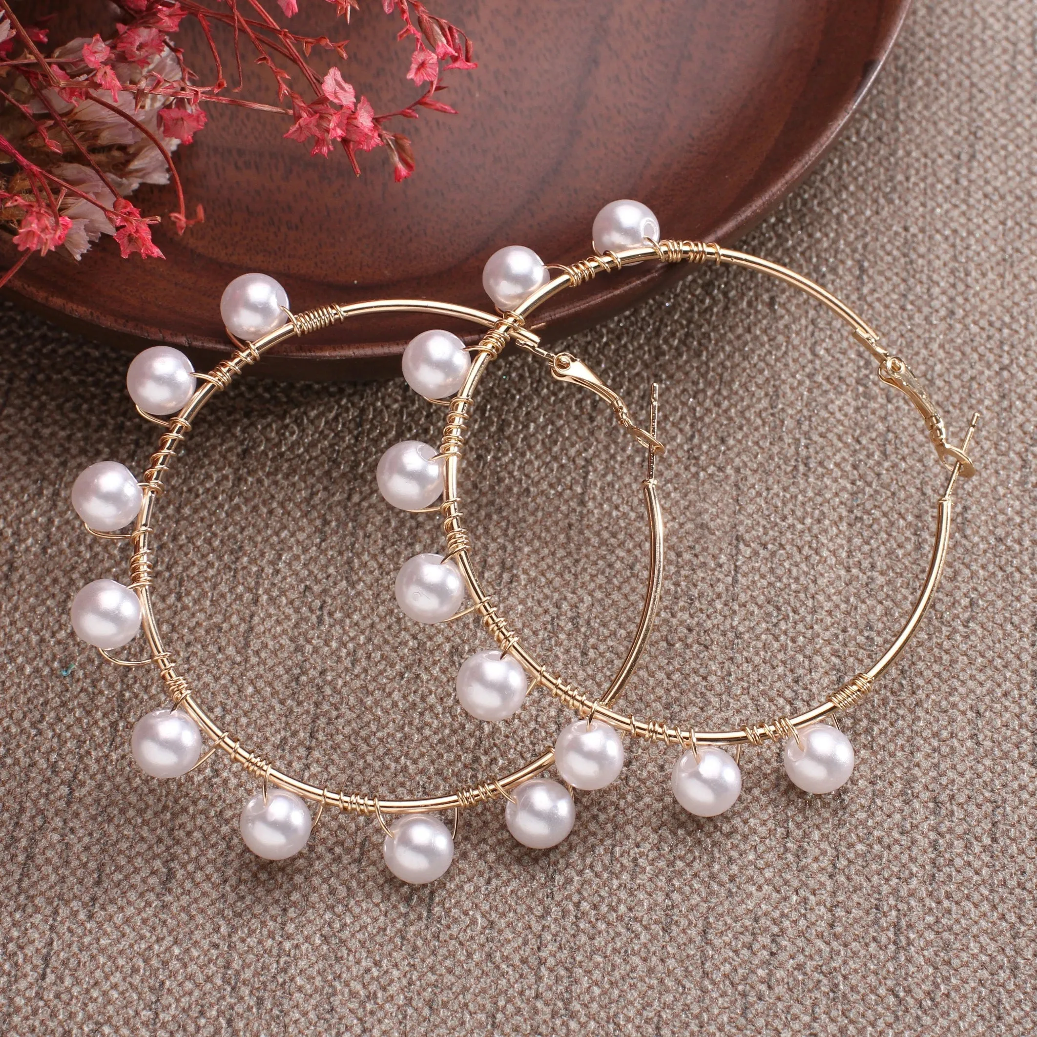 White Boho Imitation Pearl Round Circle Hoop Gold Statement Earring