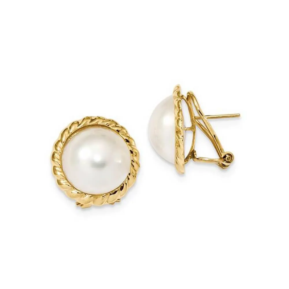 White Freshwater Cultured Mabe Pearl Earrings 13-14mm 14kt Yellow Gold