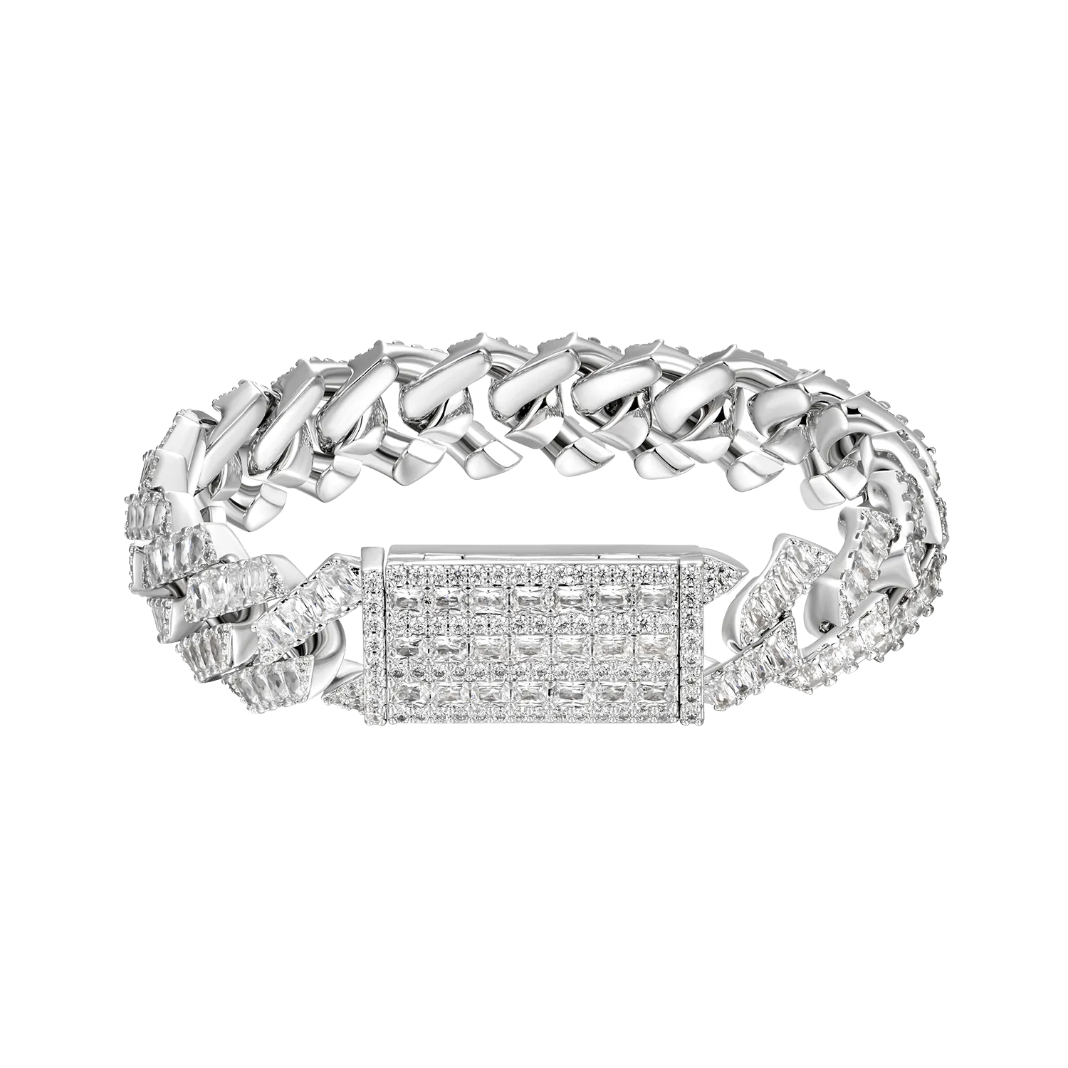 White Gold Emerald Cut Prong Cuban Link Bracelet - 12mm