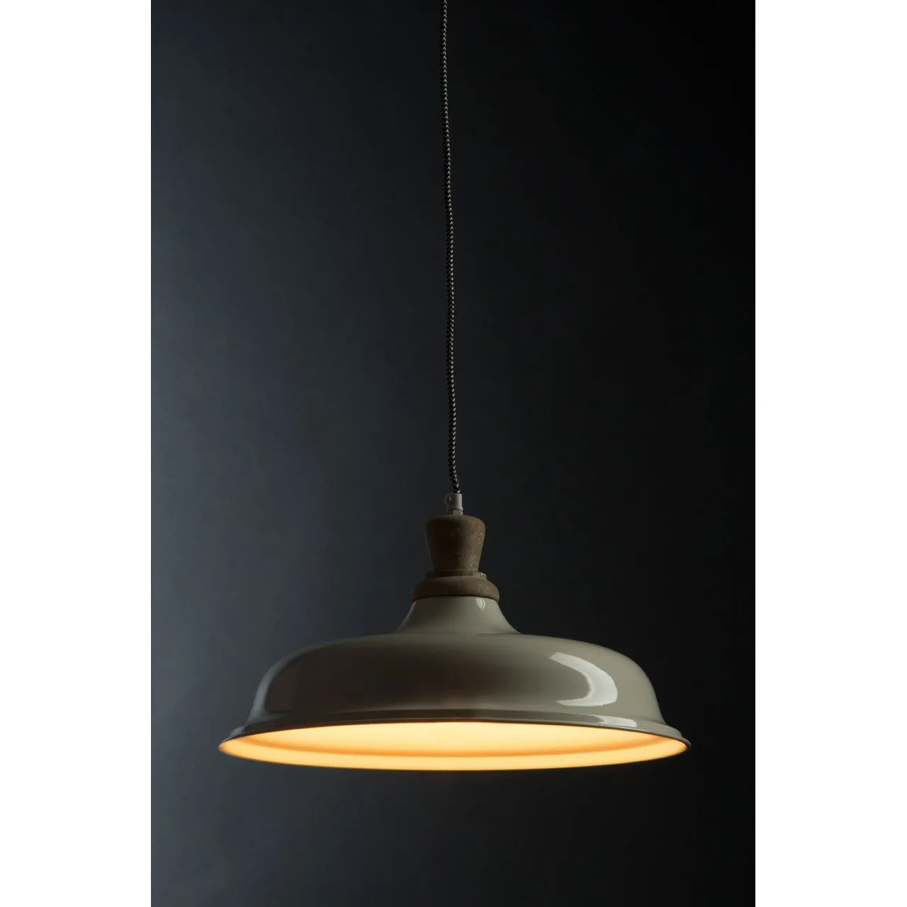 White Metal Shade Pendant with Wood Top 40cm